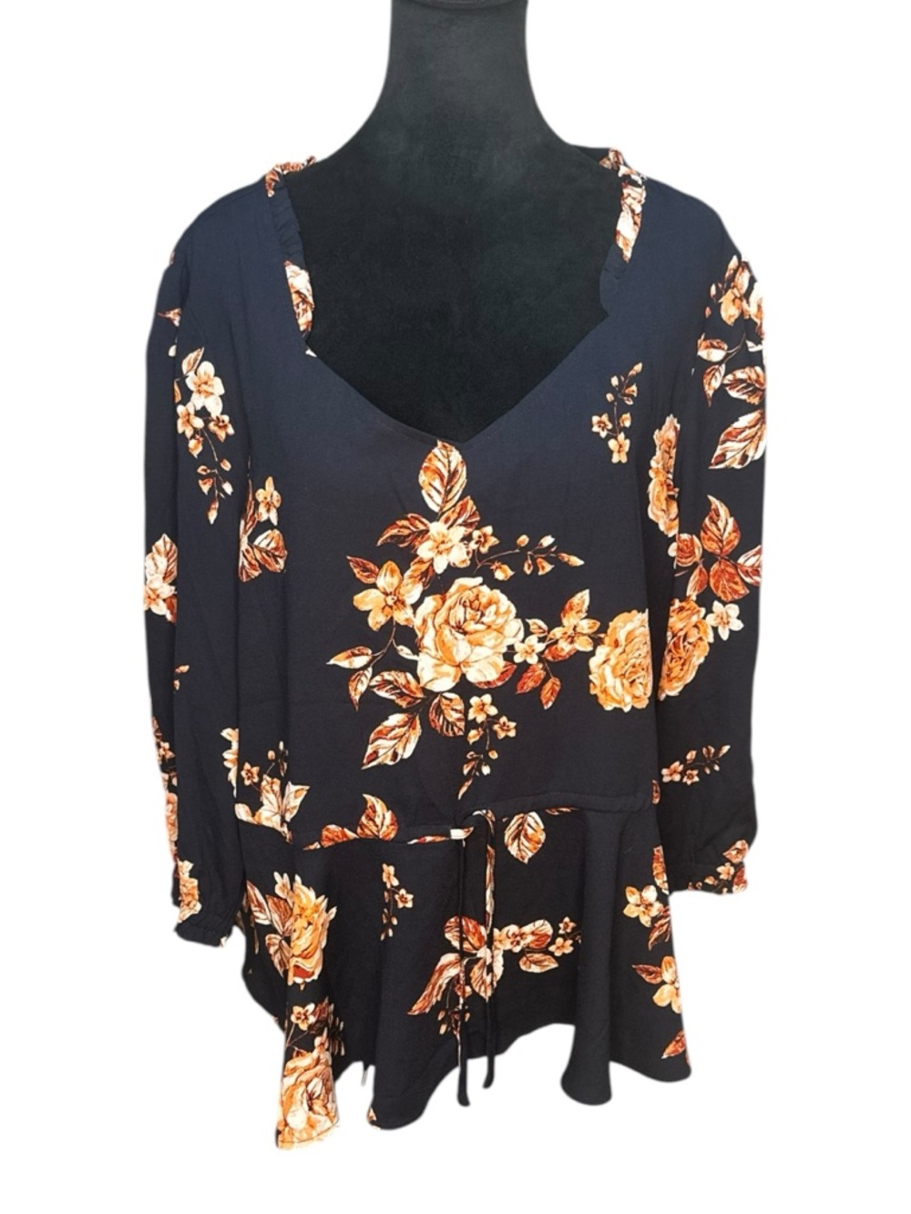 Maurices Blue Floral Peasant Top XXL Cinched Waist Ruffle Neck Boho Blouse - Picture 2 of 12